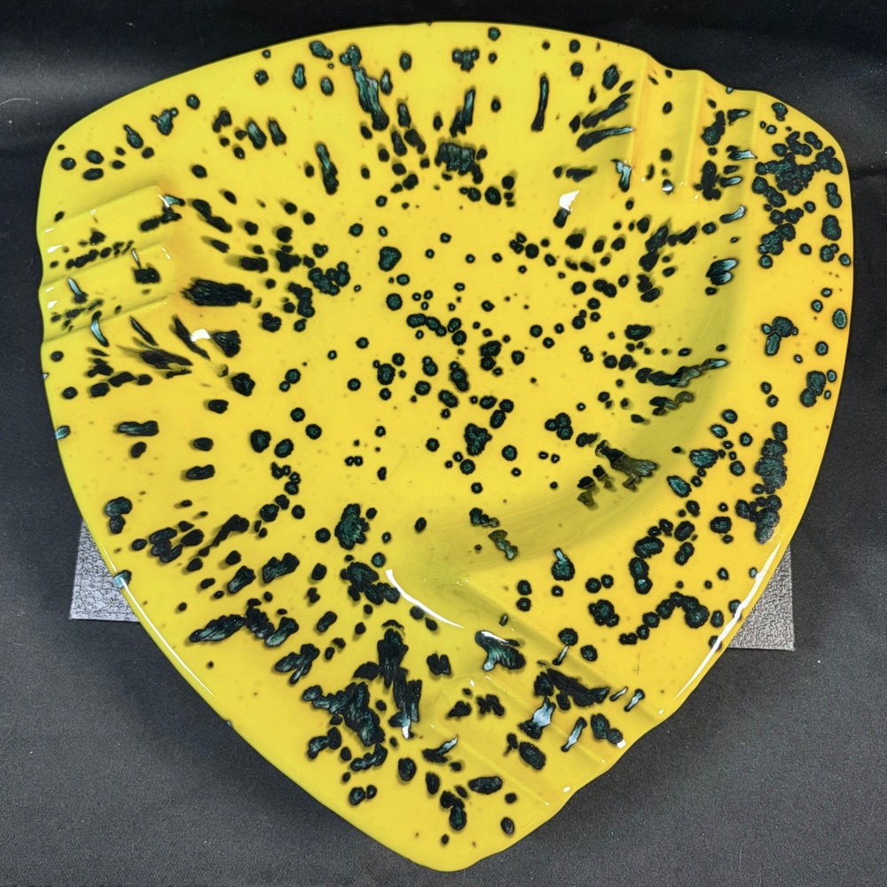 Vintage Ceramic Boomerang Ashtray Yellow Splatter Glaze Mid Century Modern 12.5"